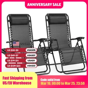 JHK Zero Gravity Set of 2 Portable Recliner Camping Patio Outdoor Garden Lounge Chair with Cup Holder Trays Adjustable Pillow